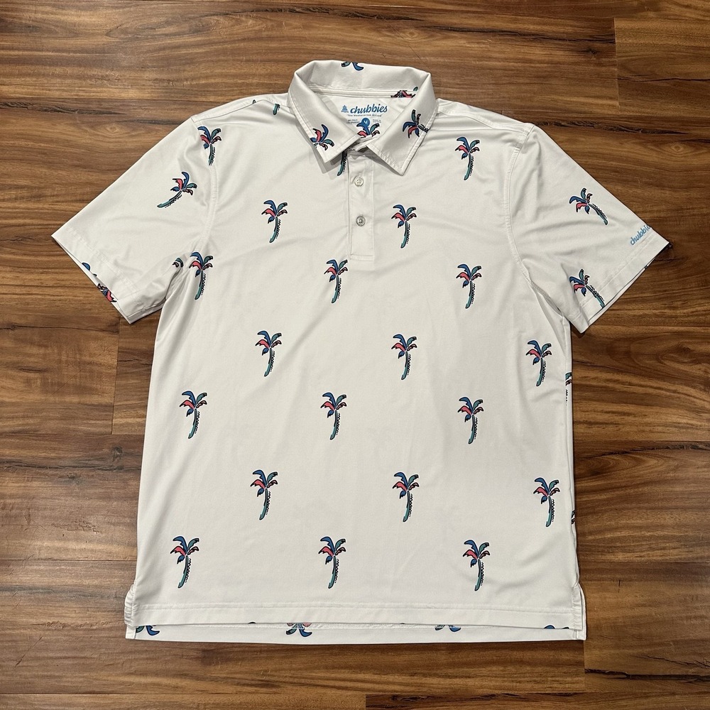 Chubbies Polo Shirt Mens Medium White Palm Tree Graphic Performance Golf Stretch